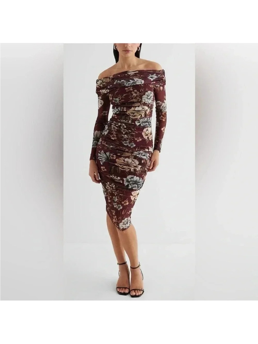 Express Body Contour Off-Shoulder Burgundy Floral Ruched Midi Dress